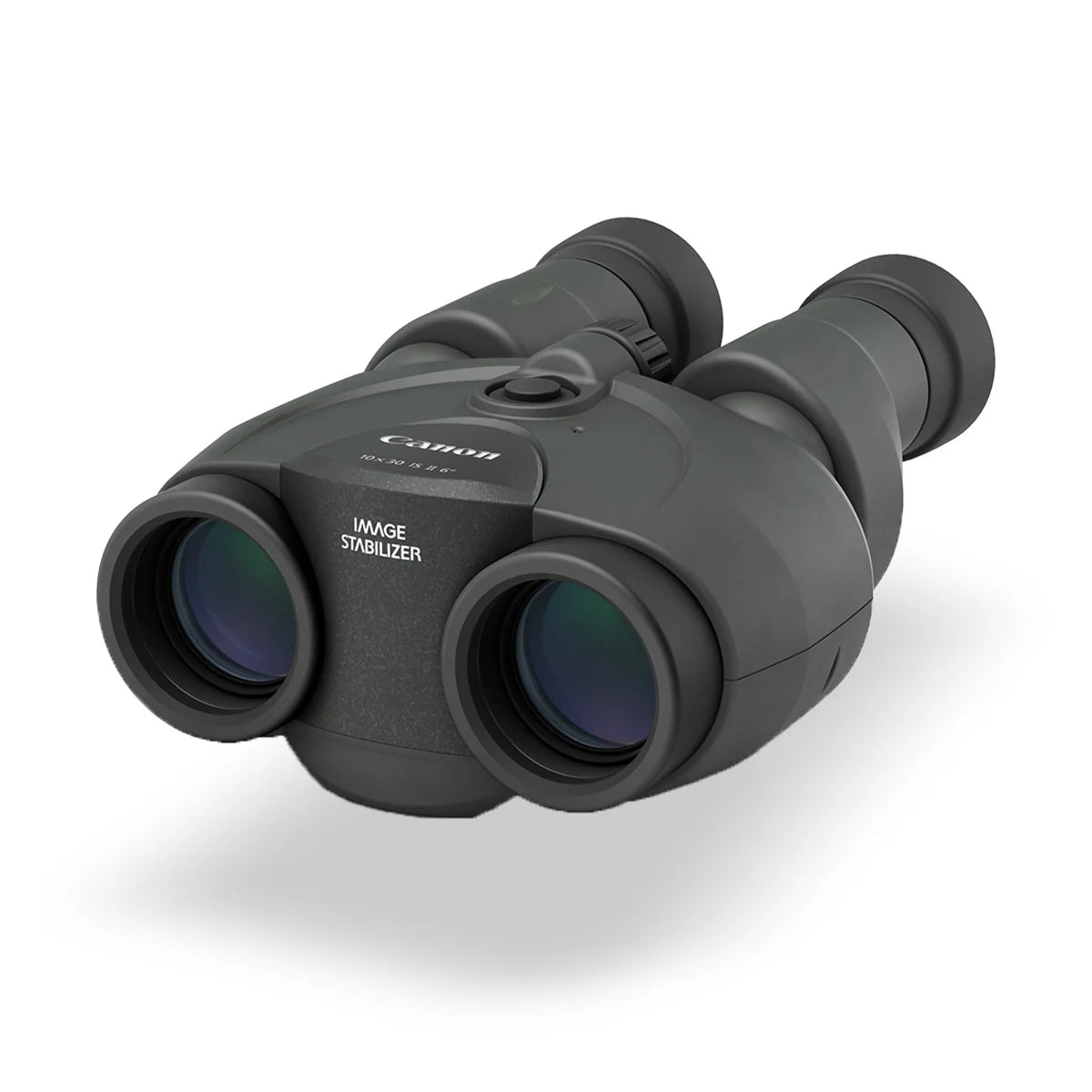 Canon 10x30 IS II binoculars showing the objective lenses, focus wheel and stabiliser button