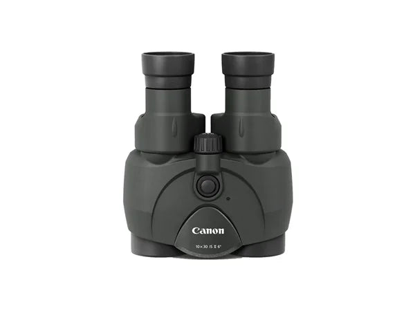Canon 10x30 IS II binoculars viewed from above with central focus wheel and Image Stabilizer button