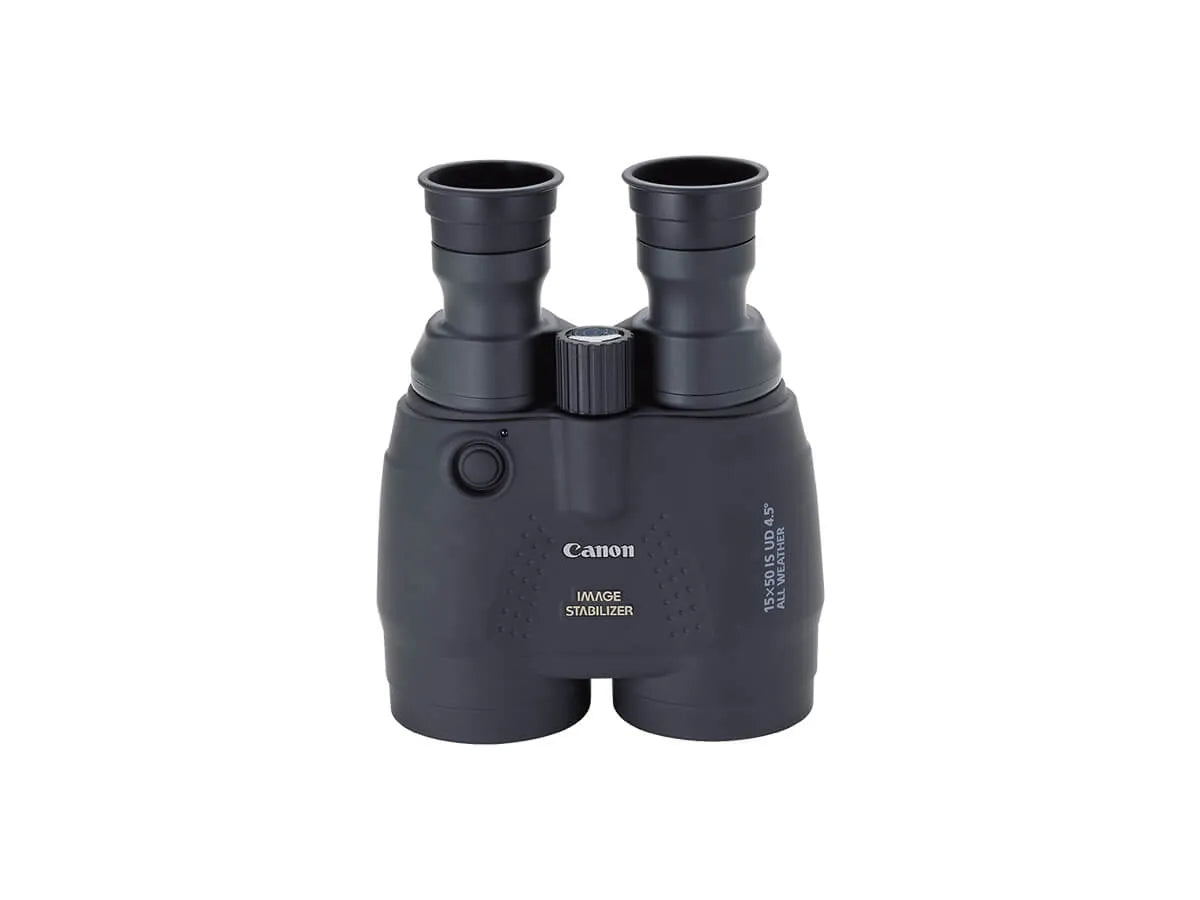 Canon 15x50 IS binoculars showing the central focus wheel and Image Stabilizer button