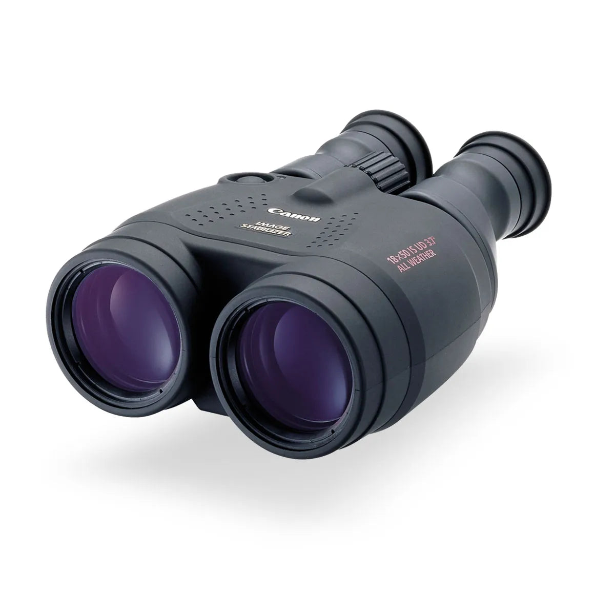 Canon 18x50 IS binoculars from the front, showing the 50 mm objectives