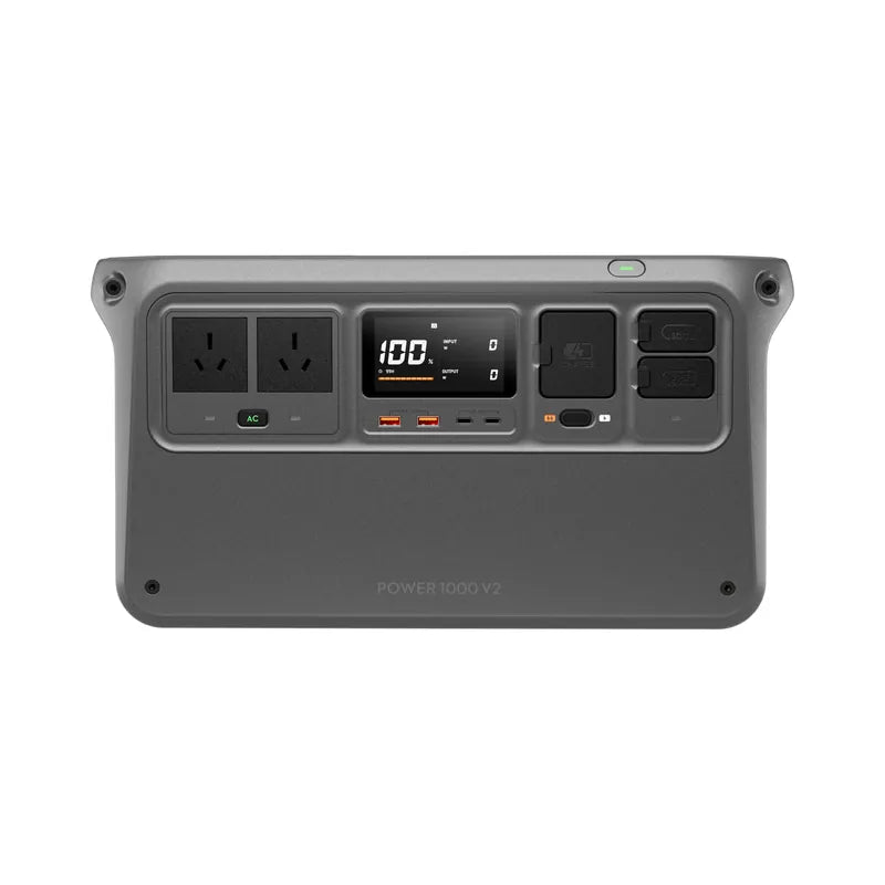 Front view of the Australian DJI Power 1000 V2 showing two AC outlets and its control panel