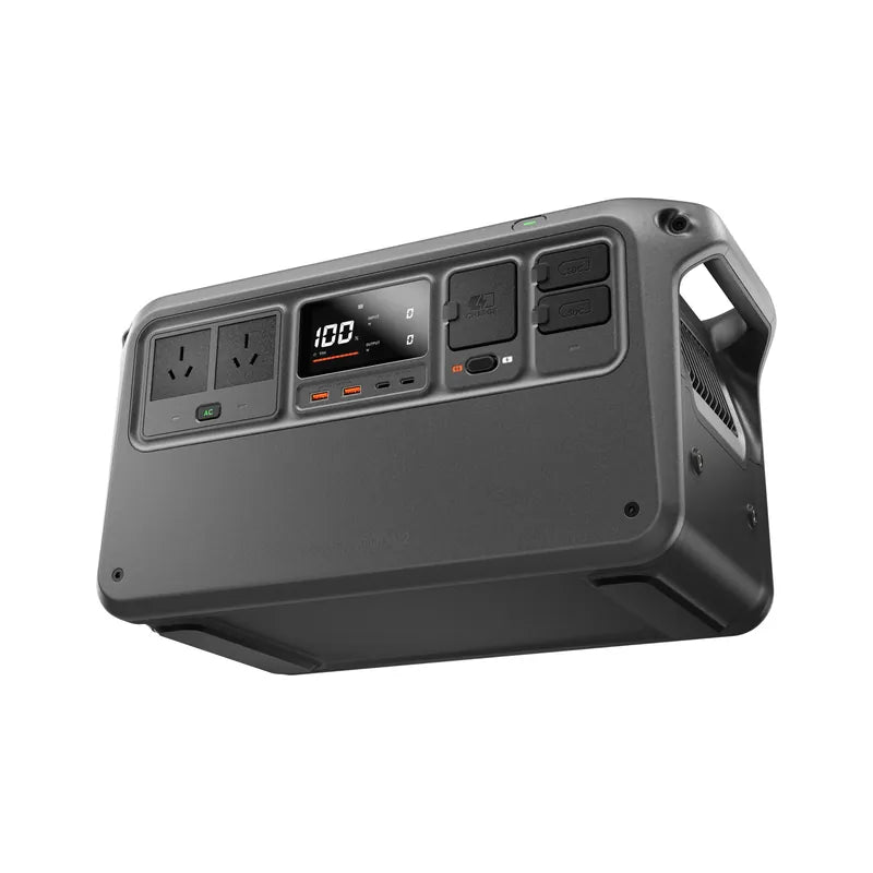 Low-angle front view of the DJI Power 1000 V2 body and port layout
