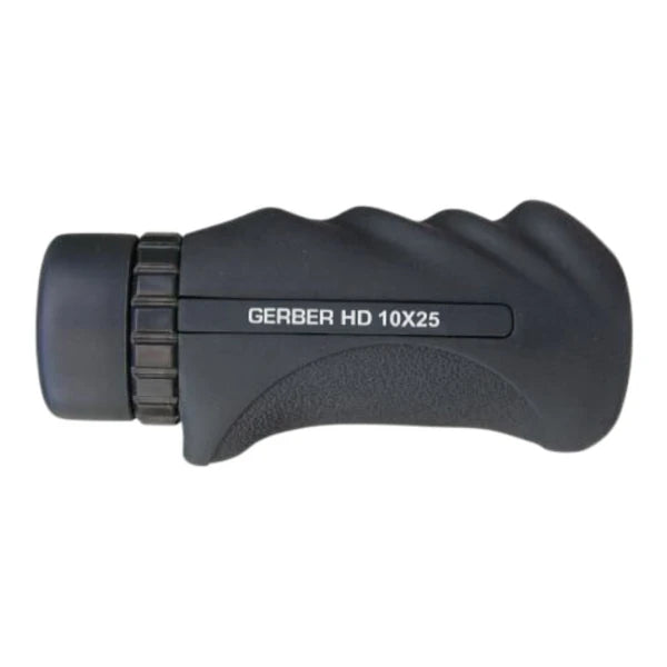 Side view of the Gerber HD 10x25 Silver monocular showing its black body and eyecup