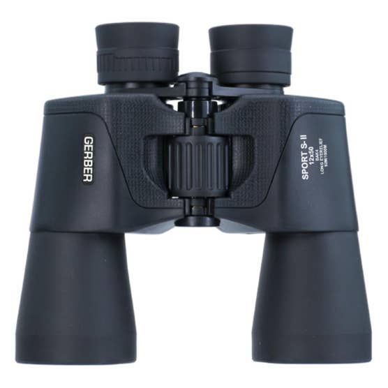 Front view of the black Gerber Sport S-II 12x50 Porro binoculars