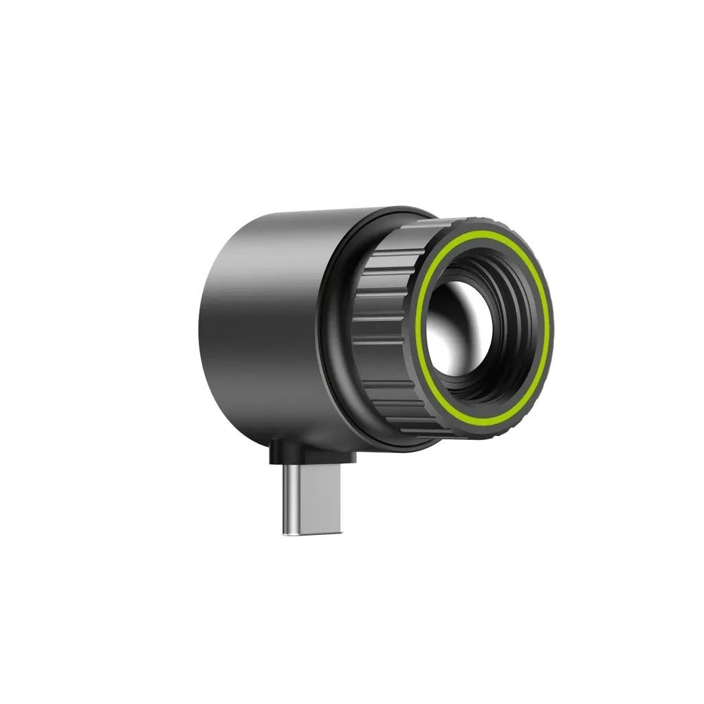 Pixfra PX210 thermal camera showing the manual-focus lens and USB Type-C connector