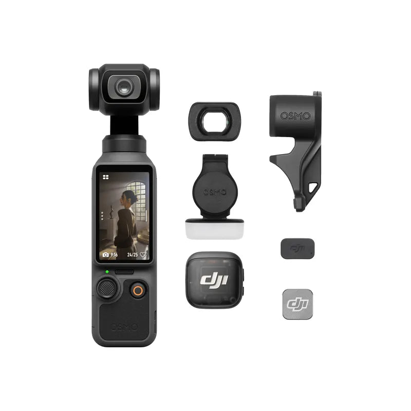 DJI Osmo Pocket 4 Creator Combo with accessories on black background