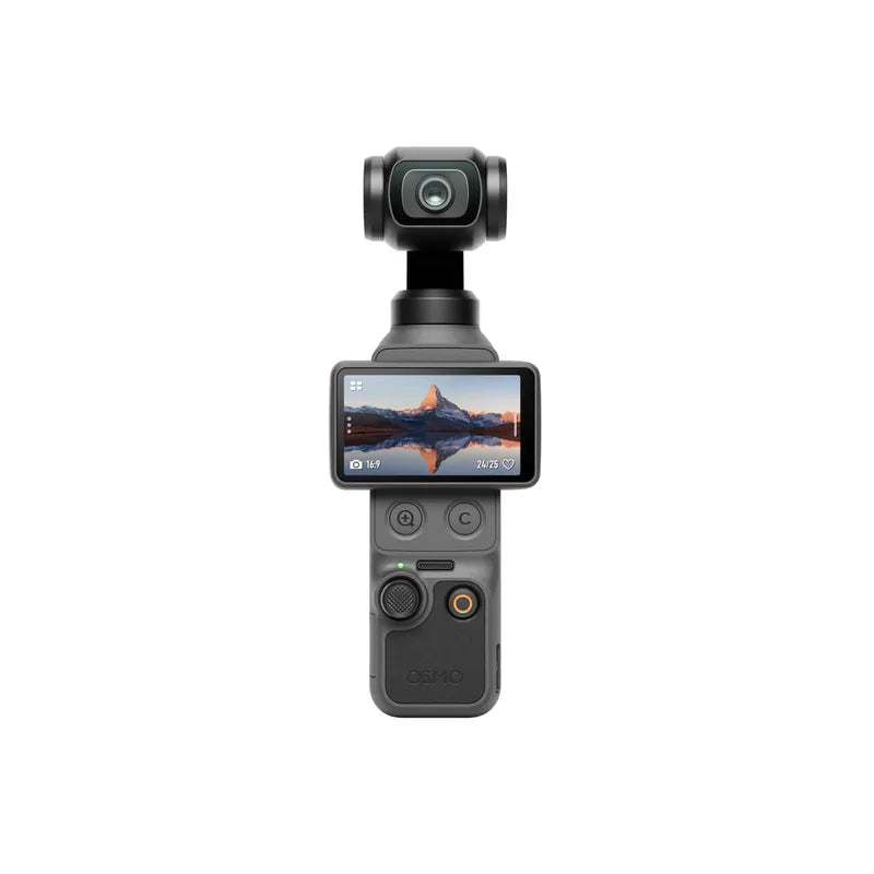 DJI Osmo Pocket 4 front facing with landscape on screen