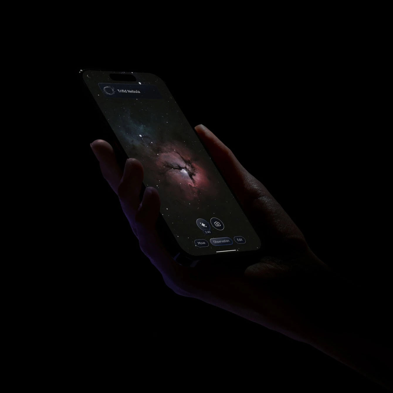 Unistellar app on a smartphone showing a live observation of the Trifid Nebula