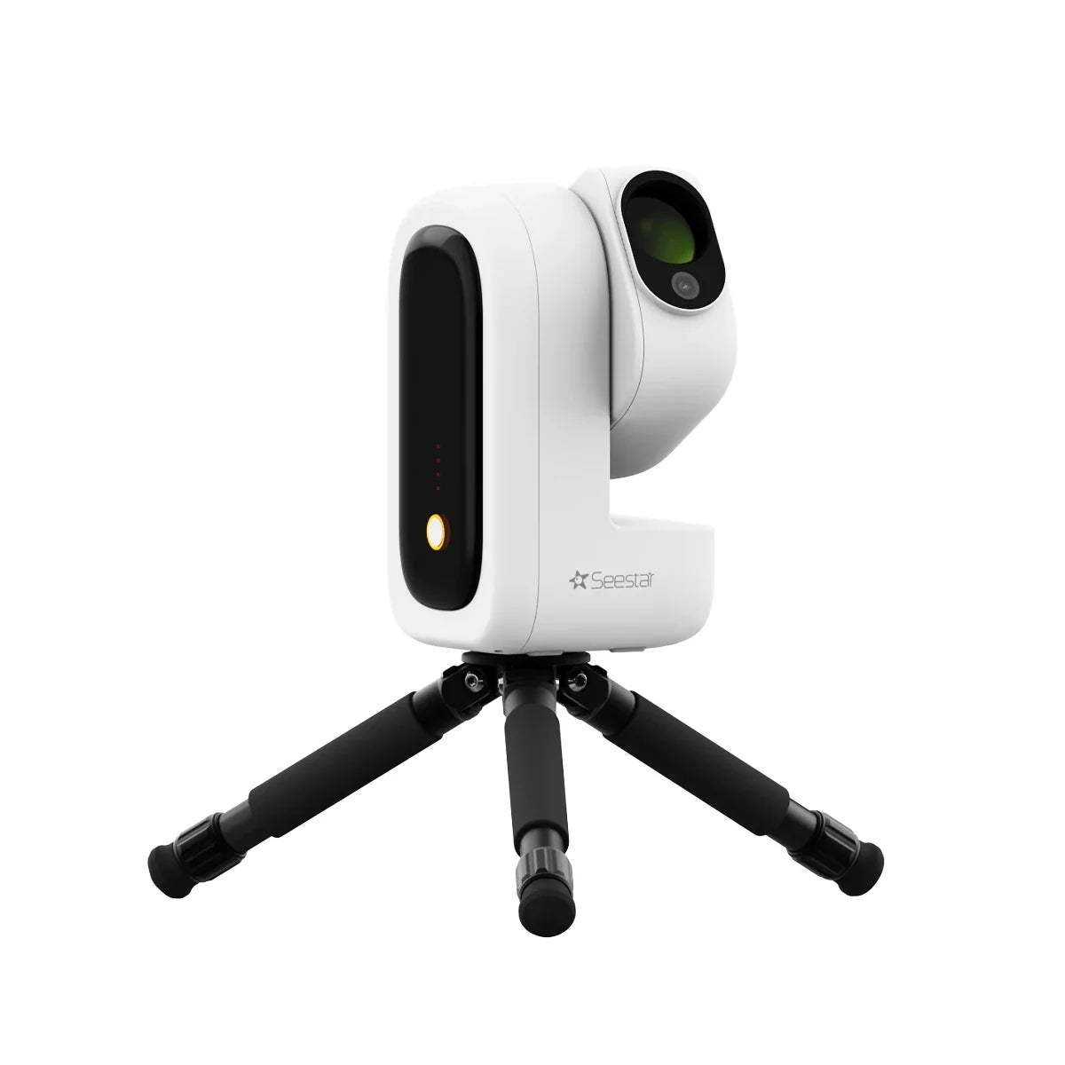 ZWO Seestar S50 Pro smart telescope on its included tripod, front-left view