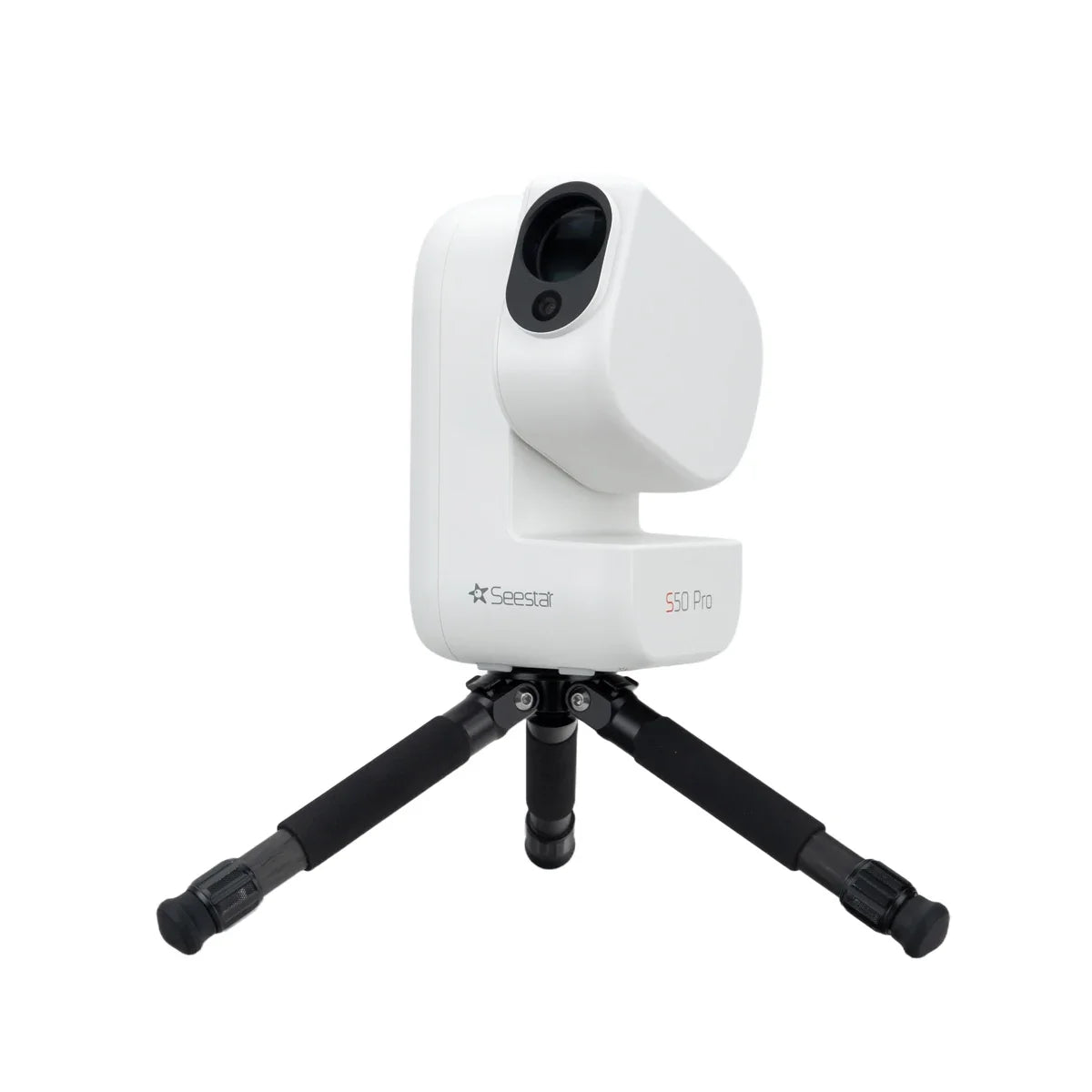 ZWO Seestar S50 Pro smart telescope on its included tripod, front-right view