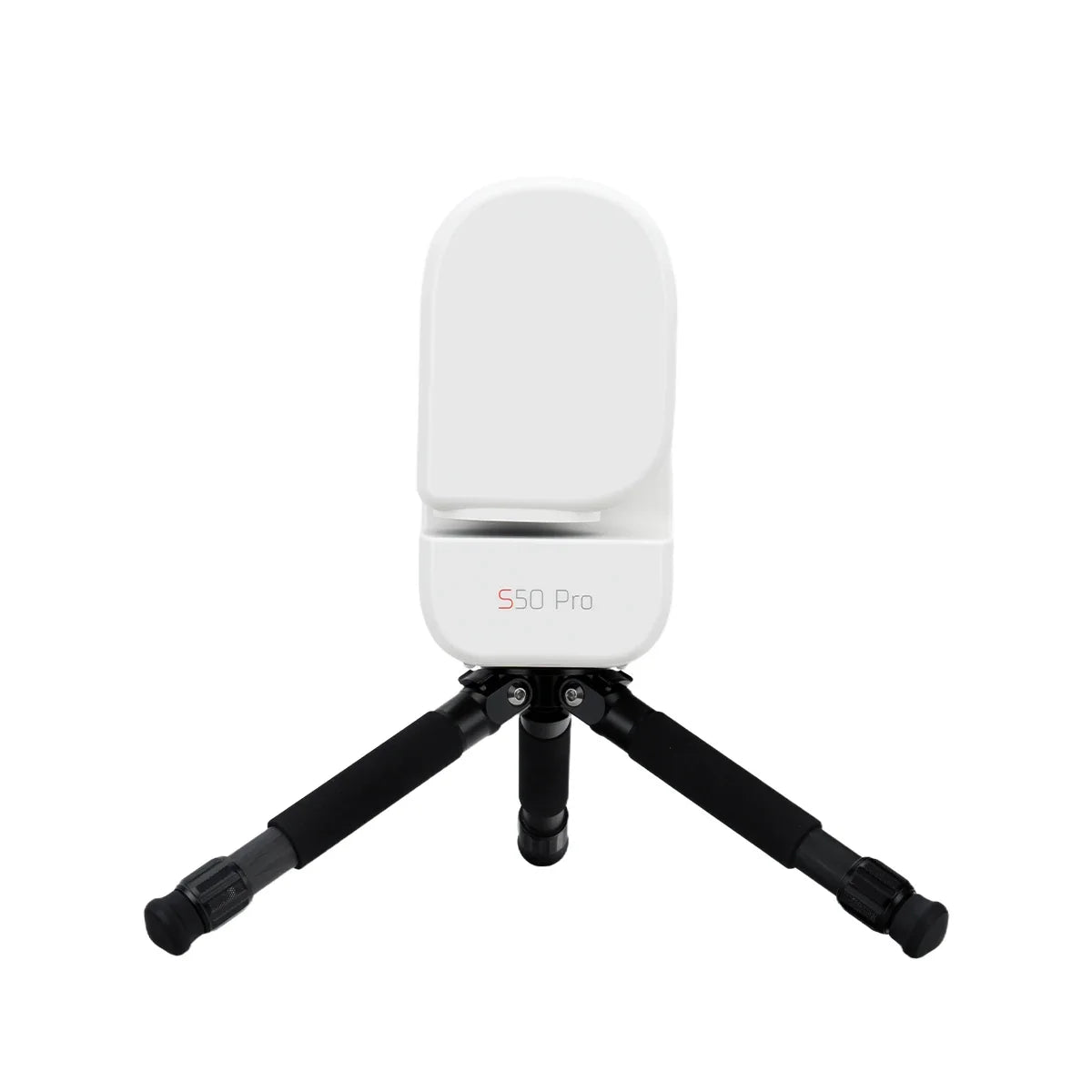 Front view of the ZWO Seestar S50 Pro smart telescope and tripod